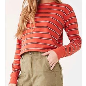Forever 21 Rust Cream Stripe Crop Fleece Pullover